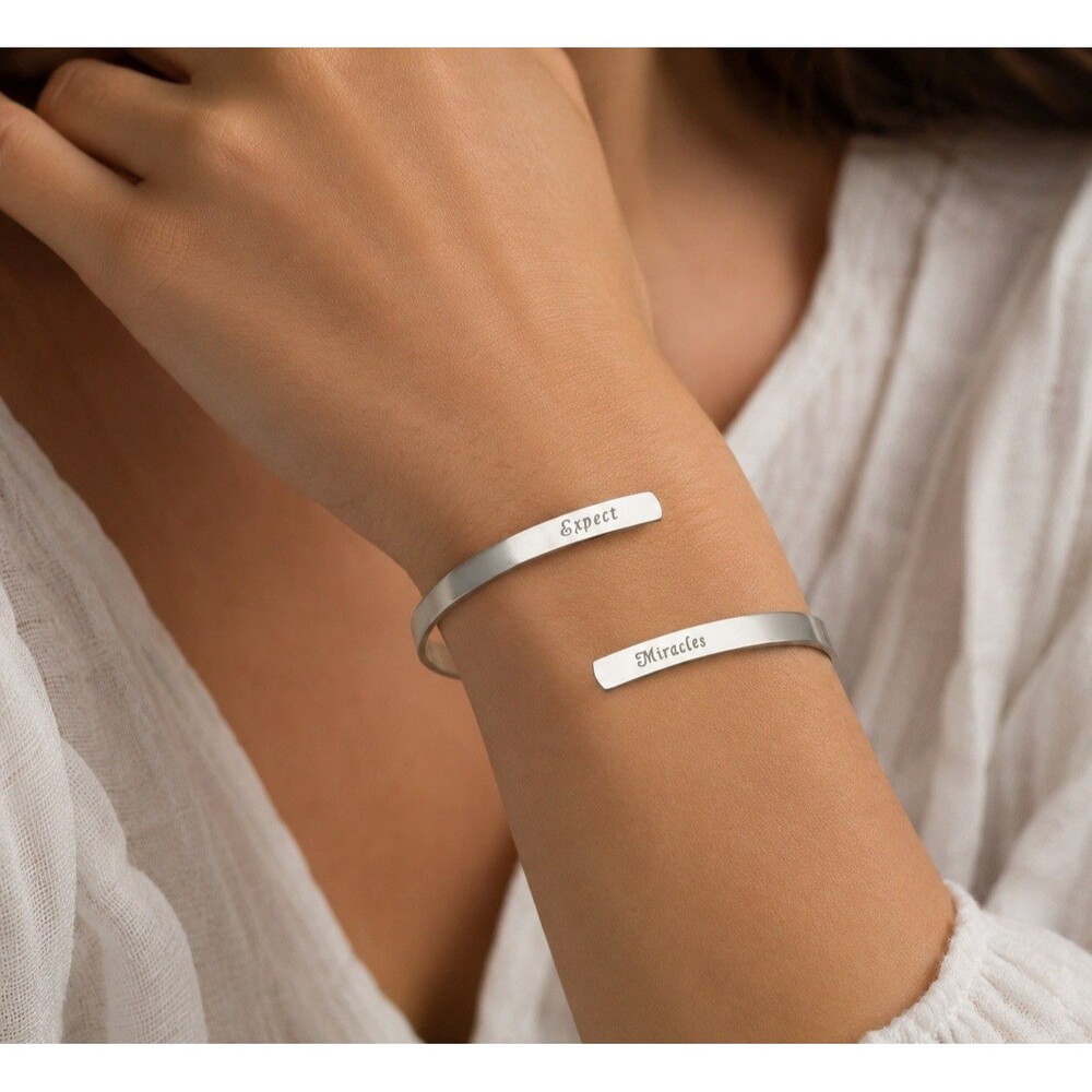 "Expect Miracles” Open Cuff Bracelet Motivational Minimalist Stainless Steel